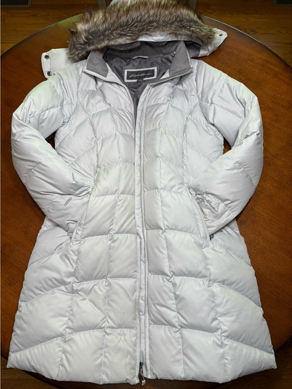 Eddie Bauer Women's Light Gray Quilted Down Coat with Faux Fur Hood